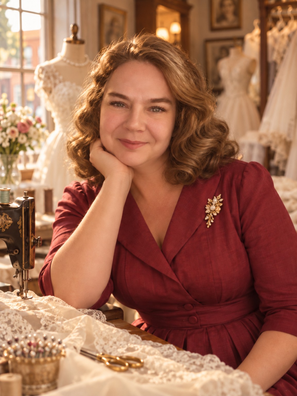 Margie Crawford in her bridal studio, seated at her sewing machine with wedding gowns behind her